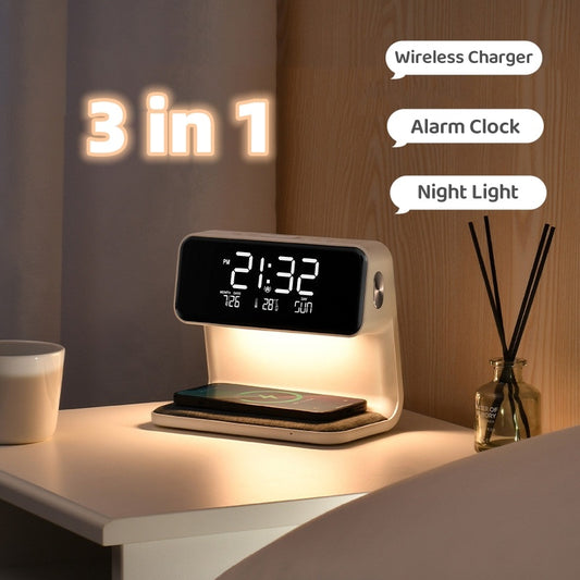 Creative 3 In 1 Bedside Lamp Wireless Charging LCD Screen Alarm Clock  Wireless Phone Charger